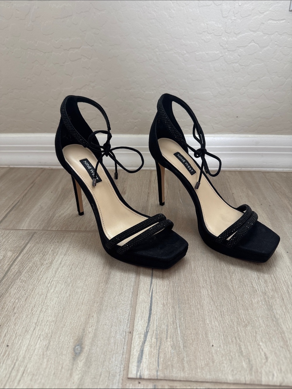 Nine West Black Ankle-Tie Strappy Stiletto Sandals